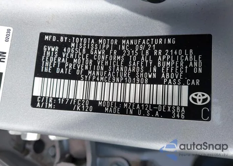 2022 Toyota Corolla Se z USA, uszkodzony, nr VIN 5YFP4MCE9NP101908